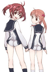 Rule 34 | 2girls, :d, ass, bad id, bad pixiv id, brown eyes, brown hair, from behind, holding hands, isshiki akane, isshiki momo, long hair, looking back, matsuryuu, multiple girls, open mouth, petite, red hair, school uniform, short hair, short shorts, shorts, siblings, sisters, smile, twintails, vividred operation