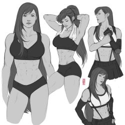Rule 34 | 1girl, abs, breasts, final fantasy, final fantasy vii, fingerless gloves, gloves, greyscale, highres, jen bartel, long hair, looking at viewer, monochrome, muscular, muscular female, shorts, signature, skirt, smile, solo, sports bra, suspenders, tifa lockhart, towel, wiping sweat