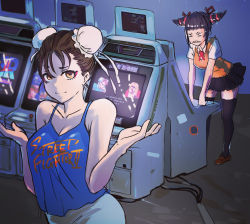 Rule 34 | 2girls, 6maker, absurdres, alternate costume, angry, arcade, arcade cabinet, black hair, black skirt, breasts, brown eyes, brown hair, bun cover, camisole, capcom, casual, chun-li, cleavage, clothes writing, double bun, excalibur face, hair bun, han juri, highres, looking at viewer, medium breasts, meta, multiple girls, playing games, pleated skirt, short hair, shrugging, skirt, street fighter, street fighter ii (series), sweater vest, thighhighs, w arms, zettai ryouiki
