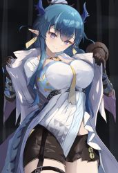 Rule 34 | 1girl, arknights, black background, black shorts, blue eyes, blue hair, breasts, coat, commentary request, cowboy shot, eicyan123, head tilt, highres, horns, large breasts, ling (arknights), long hair, necktie, open clothes, open coat, pointy ears, shirt, shorts, single horn, solo, standing, thighs, white coat, white shirt, yellow necktie