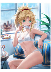 Rule 34 | 1girl, absurdres, bare shoulders, black thighhighs, blonde hair, bra, braid, breasts, collarbone, commentary request, cup, drinking, fate/apocrypha, fate (series), french braid, green eyes, highres, indoors, lace trim, long hair, looking at viewer, midriff, mordred (fate), mordred (fate/apocrypha), navel, paid reward available, panties, parted bangs, ponytail, rain, sidelocks, small breasts, solo, teacup, thighhighs, tonee, underwear, underwear only, white bra, white panties