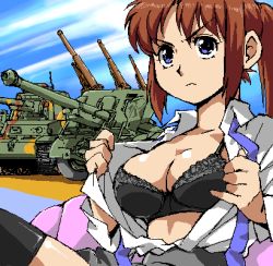 Rule 34 | 1girl, black bra, black legwear, blue neckwear, blue sky, bra, breasts, brown hair, cleavage, cloud, collarbone, commentary request, crotch seam, day, grey skirt, high ponytail, kamisimo 90, lowres, medium breasts, military, military vehicle, motor vehicle, oekaki, open clothes, open shirt, original, ponytail, ponytail girl (kamisimo 90), presenting, purple eyes, shirt, short sleeves, skirt, sky, solo, tank, underwear, undressing, uniform, v-shaped eyebrows, white shirt
