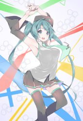 Rule 34 | 1girl, ahoge, aqua necktie, armpits, arms up, black skirt, black thighhighs, blush, breasts, detached sleeves, fhang, green eyes, green hair, grey shirt, hatsune miku, hexagon, highres, long hair, matching hair/eyes, necktie, open mouth, pleated skirt, shirt, skirt, sleeveless, sleeveless shirt, solo, thighhighs, twintails, very long hair, vocaloid
