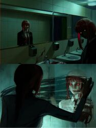 Rule 34 | 1girl, absurdres, black necktie, blood, bloody tears, braid, braided ponytail, business suit, chainsaw man, collared shirt, formal, highres, horror (theme), makima (chainsaw man), necktie, nthndn, parted lips, red hair, reflection, restroom, ringed eyes, shirt, sidelocks, sink, solo, suit, white shirt, wiping, yellow eyes