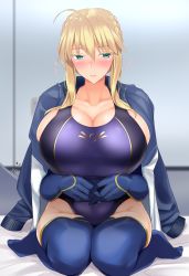 Rule 34 | artoria pendragon (fate), artoria pendragon (lancer) (fate), blonde hair, blue gloves, blue jacket, blush, breasts, coat, competition swimsuit, elbow gloves, fate/grand order, fate (series), gachou, gloves, green eyes, highres, huge breasts, jacket, jacket on shoulders, jersey, kneeling, one-piece swimsuit, sitting, solo, swimsuit, thighhighs, thighs
