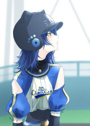 Rule 34 | 1girl, absurdres, animal ears helmet, baseball helmet, baseball uniform, blue hair, blurry, blurry background, commentary request, film grain, helmet, highres, idolmaster, idolmaster shiny colors, long hair, looking afar, looking to the side, looking up, morino rinze, o shiki, puffy short sleeves, puffy sleeves, red eyes, short sleeves, solo, sportswear, turtleneck, upper body