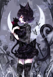 Rule 34 | 1girl, animal, animal ears, artist name, black dress, black hair, black thighhighs, cat, cat ears, cat tail, commentary, cowboy shot, dress, from side, garter straps, highres, holding, holding animal, holding cat, long sleeves, nail polish, open mouth, original, profile, red eyes, red nails, sheya, short dress, short hair, signature, solo, standing, symbol-only commentary, tail, thighhighs, zettai ryouiki