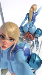Rule 34 | 1girl, absurdres, arm up, ass, blonde hair, blue eyes, bodypaint, breasts, highres, huge ass, looking at viewer, metroid, metroid dread, mirror, mole, mole under mouth, multiple views, naked paint, nintendo, painted clothes, popogori, power suit, reflection, samus aran, selfie, simple background, sitting, smile, solo, zero suit