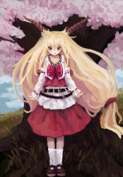 Rule 34 | 1girl, adapted costume, bad id, bad pixiv id, belt, blonde hair, bow, brown eyes, chain, cherry blossoms, cosplay, detached sleeves, female focus, hakurei reimu, hakurei reimu (cosplay), highres, horns, ibuki suika, japanese clothes, kneehighs, long hair, miko, no nose, siephy, skirt, skirt set, socks, solo, standing, touhou, tree, very long hair, white socks