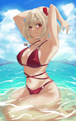 Rule 34 | 1girl, absurdres, armpits, arms up, barefoot, bikini, bird, blonde hair, blue sky, blush, bob cut, breasts, cleavage, closed mouth, cloud, covered erect nipples, day, glint, hair ribbon, highres, jewelry, large breasts, looking at viewer, lycoris recoil, multi-strapped bikini, navel, necklace, nishikigi chisato, o-ring, o-ring bikini, ocean, omanju25, outdoors, owl, pendant, red bikini, ribbon, short hair, sitting, skindentation, sky, smile, solo, stomach, strap gap, swimsuit, thighs, underboob, wariza, water, wet