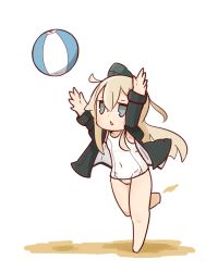 Rule 34 | 1girl, arms up, ball, beachball, blue eyes, chibi, commentary request, garrison cap, hat, highres, kantai collection, long hair, nuu (nu-nyu), one-piece swimsuit, school swimsuit, silver hair, simple background, solo, swimsuit, swimsuit under clothes, triangle mouth, u-511 (kancolle), white one-piece swimsuit