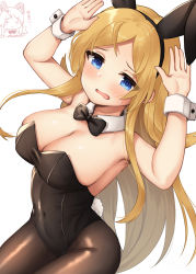 Rule 34 | 1girl, animal ears, arms up, bare shoulders, binsen, black hairband, black leotard, black neckwear, blonde hair, blue eyes, blush, bow, bowtie, breasts, brown pantyhose, chibi, chibi inset, cleavage, collar, commentary request, covered navel, detached collar, fake animal ears, groin, hairband, highres, idolmaster, idolmaster million live!, large breasts, leotard, long hair, looking at viewer, multiple views, open mouth, pantyhose, parted bangs, playboy bunny, rabbit ears, rabbit pose, shinomiya karen, simple background, strapless, strapless leotard, sweat, translation request, very long hair, white background, white collar, wing collar, wrist cuffs