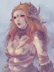 Rule 34 | 1girl, au ra, warrior of light (ff14), breasts, brown eyes, brown hair, cleavage, commentary, dragon girl, dragon horns, final fantasy, final fantasy xiv, fur collar, horns, jewelry, lips, long hair, medium breasts, navel, necklace, parted lips, scales, solo, soranamae