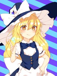 Rule 34 | &gt;:), 1girl, apron, blonde hair, blush, bow, bowtie, collared shirt, hand on own hip, hat, highres, index finger raised, kirisame marisa, looking at viewer, shirt, skirt, skirt set, solo, star (symbol), striped, striped background, touhou, urban legend in limbo, v-shaped eyebrows, vest, waist apron, wavy hair, witch hat, yellow eyes, yururi nano