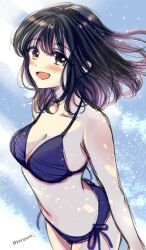 1girl :d bare_shoulders bikini black_hair blue_bikini blush breasts cleavage commentary_request day floating_hair happy looking_at_viewer medium_breasts medium_hair multicolored_hair open_mouth original outdoors purple_hair side-tie_bikini_bottom signature sketch smile solo standing sugano_manami swimsuit two-tone_hair