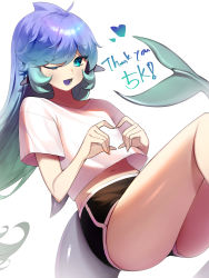Rule 34 | 1girl, ;d, absurdres, ahoge, ass, black shorts, blue eyes, blue hair, crop top, crop top overhang, dolphin shorts, dorsal fin, fins, fish tail, gradient hair, heart, heart hands, highres, knees up, long hair, looking at viewer, midriff, multicolored hair, navel, one eye closed, open mouth, original, sbgu, shark tail, shirt, short shorts, short sleeves, shorts, simple background, smile, solo, tail, thank you, thighs, white background, white shirt