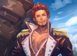 Rule 34 | 1boy, beard, blue eyes, brown hair, epaulettes, facial hair, fate/grand order, fate (series), huge weapon, large pectorals, long sideburns, long sleeves, looking at viewer, male focus, military, military uniform, muscular, napoleon bonaparte (fate), open clothes, pectorals, scar, simple background, sketch, sky, smile, solo, uniform, weapon, wystars