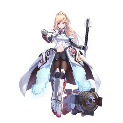 Rule 34 | 1girl, aqua eyes, armor, artist request, bare shoulders, blonde hair, bodysuit, bolt (hardware), brown pantyhose, clenched hand, closed mouth, collar, final gear, frown, full body, half updo, high ponytail, highres, holding, holding mallet, legs apart, looking at viewer, mallet, margaret (final gear), mechanical arms, mechanical foot, mechanical hands, mechanical legs, metal collar, midriff, navel, official art, pantyhose, rigging, see-through, shoulder armor, simple background, sleeveless, solo, standing, swept bangs, tachi-e, third-party source, transparent background, triangle print, white bodysuit, white collar