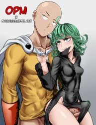 Rule 34 | 1boy, 1girl, abs, angry, bald, between legs, between thighs, blush, bodysuit, breasts, cape, clenched teeth, covered navel, cowboy shot, dress, erection, gloves, green eyes, green hair, grinding, highres, narrow waist, no panties, one-punch man, pelvic curtain, penis, penis under another&#039;s clothes, pulling, red gloves, saitama (one-punch man), sereneandsilent, small breasts, superhero costume, sweatdrop, tatsumaki, teeth, thigh sex, veins, veiny penis, wide hips