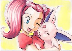 Rule 34 | 1girl, ;d, blue eyes, commentary request, creatures (company), espeon, eyelashes, game freak, gen 2 pokemon, hair bobbles, hair ornament, happy, highres, holding, holding pokemon, long hair, nintendo, oka mochi, one eye closed, open mouth, pink hair, pokemon, pokemon (anime), pokemon (classic anime), pokemon (creature), red shirt, sakura (pokemon), shirt, short sleeves, smile, tongue, traditional media, twintails, yellow background