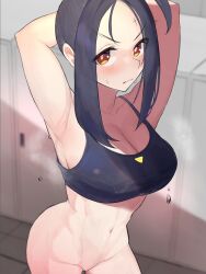 Rule 34 | 1girl, absurdres, armpits, black hair, black shirt, blurry, blurry background, blush, bottomless, breasts, bright pupils, brown eyes, cleavage, closed mouth, commentary request, cowboy shot, creatures (company), dendra (pokemon), game freak, gatchan, highres, indoors, large breasts, locker, locker room, looking at viewer, navel, nintendo, pokemon, pokemon sv, shirt, sidelocks, sleeveless, sleeveless shirt, solo, standing, steam, sweat, water drop