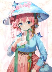 Rule 34 | 1girl, animal, animal on head, bag, blue eyes, blue hat, blush, bug, butterfly, cherry blossoms, closed mouth, commentary request, flower, hair between eyes, hanbok, hand up, hat, highres, insect, korean clothes, long sleeves, looking at viewer, megurine luka, on head, pink flower, pink hair, ruda (ruda e), short hair, smile, solo, vocaloid
