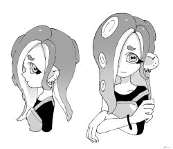 Rule 34 | 1girl, 3:, armor, artist name, breastplate, cephalopod eyes, closed mouth, collarbone, dedf1sh, earrings, furrowed brow, hair over one eye, horizontal pupils, jewelry, long hair, multiple earrings, multiple views, nintendo, octoling, plum0o0, signature, simple background, splatoon (series), suction cups, tentacle hair, turnaround, white background