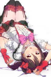 Rule 34 | 1girl, :o, black bow, black hair, black thighhighs, blush, bokura wa ima no naka de, bow, bowtie, center frills, fingerless gloves, frills, gloves, hair bow, looking at viewer, love live!, love live! school idol project, lying, navel, on back, pachi (sugiyama0306), pink bow, pink bowtie, pink eyes, plaid, plaid skirt, red bow, red gloves, red skirt, short hair, skirt, solo, thighhighs, twintails, yazawa nico