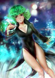 Rule 34 | 1girl, alternate breast size, artist logo, artist name, bad id, bad pixiv id, black dress, breasts, cleavage, commentary, curly hair, dress, green hair, highres, legs, looking at viewer, medium breasts, one-punch man, pout, reaching, realistic, ripples, short hair, solo, tatsumaki, tecnomayro