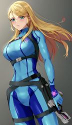 Rule 34 | 1girl, amayo thranana, blonde hair, blue bodysuit, bodysuit, breasts, gradient background, green eyes, highres, holding, holding weapon, lips, long hair, long sleeves, looking at viewer, medium breasts, metroid, metroid: other m, mole, mole under mouth, nintendo, paralyzer, samus aran, simple background, skin tight, solo, trigger discipline, turtleneck, weapon