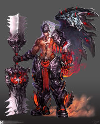 Rule 34 | 1boy, armor, braid, greaves, highres, huge weapon, male focus, original, skull, solo, tattoo, vambraces, visor, weapon, white hair, zhang wei yi
