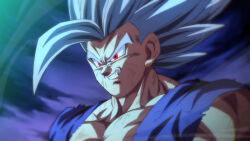 Rule 34 | 1boy, commentary request, dirty, dragon ball, dragon ball super, dragon ball super super hero, evil grin, evil smile, gohan beast, grey hair, grin, male focus, muscular, muscular male, portrait, red eyes, rom (20), smile, solo, son gohan, spiked hair