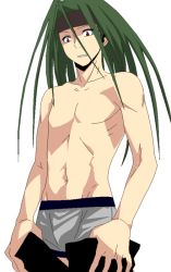 Rule 34 | 1boy, abs, androgynous, clothes pull, envy (fma), fullmetal alchemist, green hair, headband, homunculus, long hair, male focus, navel, pants, pants pull, red eyes, topless male, underwear, undressing