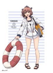 Rule 34 | 1girl, anchor symbol, bag, black one-piece swimsuit, brown eyes, brown hair, collarbone, commentary request, drawstring, full body, headgear, headset, highres, hood, hooded jacket, hoodie, jacket, kantai collection, lifebuoy, looking at viewer, name tag, one-piece swimsuit, open mouth, porco1127, round teeth, sandals, school swimsuit, short hair, smile, solo, speaking tube headset, standing, striped, striped background, swim ring, swimsuit, teeth, twitter username, upper teeth only, white jacket, yukikaze (kancolle)