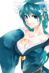 Rule 34 | 1girl, alternate costume, between breasts, blue eyes, blue hair, bow, breasts, cleavage, female focus, flower, japanese clothes, katayama kei, lace, large breasts, matching hair/eyes, mima (touhou), plant, simple background, solo, touhou, touhou (pc-98), white background