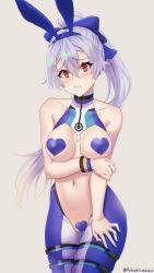 Rule 34 | 1girl, adapted costume, animal ears, arm under breasts, blue bow, blue thighhighs, blush, bow, breasts, closed mouth, collarbone, covered collarbone, covered erect nipples, fake animal ears, fate/grand order, fate (series), hair between eyes, hair bow, heart pasties, large breasts, long hair, looking at viewer, maebari, meme attire, navel, pasties, ponytail, rabbit ears, red eyes, revealing clothes, reverse bunnysuit, reverse outfit, revision, same no fukahire, silver hair, simple background, solo, standing, thigh strap, thighhighs, thighs, tomoe gozen (fate), tomoe gozen (swimsuit saber) (fate), tomoe gozen (swimsuit saber) (first ascension) (fate), white background, white thighhighs