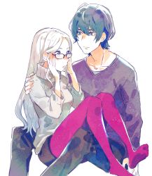 Rule 34 | 1boy, 1girl, adjusting eyewear, aisutabetao, alternate costume, black-framed eyewear, black pants, black shirt, black shorts, blue hair, byleth (fire emblem), byleth (male) (fire emblem), casual, closed mouth, collarbone, commentary request, contemporary, edelgard von hresvelg, fire emblem, fire emblem: three houses, forehead, glasses, grey sweater, hair between eyes, long hair, long sleeves, nintendo, pants, pantyhose, purple eyes, red pantyhose, shirt, short hair, shorts, simple background, sitting, sitting on lap, sitting on person, smile, sweater, turtleneck, turtleneck sweater, white background, white hair