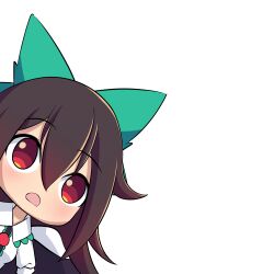 1girl black_hair bmkro bow commentary commission english_commentary green_bow hair_bow hair_flaps long_hair looking_at_viewer lowres meme open_mouth peeking_out red_eyes reiuji_utsuho simple_background solo touhou two_soyjaks_pointing_(meme) upper_body white_background