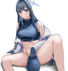 Rule 34 | 1girl, absurdres, bare shoulders, baseball cap, blue archive, blue eyes, blue hair, blue hat, blue shirt, bottomless, commentary, crop top, feet out of frame, hat, highres, jacket, knee up, long hair, long sleeves, looking at viewer, navel, off shoulder, open clothes, open jacket, pon007, saori (blue archive), shirt, simple background, sitting, smile, solo, stomach, sweat, thighs, unworn hat, unworn headwear, very long hair, white background, white jacket