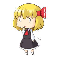 Rule 34 | 1girl, blonde hair, chibi, embodiment of scarlet devil, female focus, finger to mouth, full body, lowres, musashino udon, o o, rumia, simple background, solo, touhou, white background
