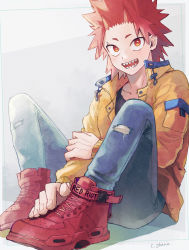 Rule 34 | 1boy, adcalcium, blue pants, boku no hero academia, character name, commentary request, denim, full body, hand on own arm, highres, jacket, jeans, kirishima eijirou, long sleeves, looking at viewer, male focus, open mouth, pants, red eyes, red footwear, red hair, shadow, sharp teeth, shoes, short hair, signature, sitting, smile, solo, spiked hair, teeth, torn clothes, torn pants, yellow jacket