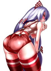 Rule 34 | 1girl, ass, bad anatomy, bad id, bad pixiv id, bare shoulders, bent over, bow, female focus, finger to mouth, from behind, fujiwara no mokou, hair bow, highres, long hair, looking back, norennukarumi, nukarumi noren, red eyes, shorts, silver hair, simple background, sleeveless, solo, striped clothes, striped thighhighs, suspenders, sweat, thighhighs, touhou, very long hair, white background
