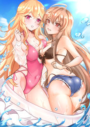 Rule 34 | 2girls, absurdres, angel lingxing, ass, azur lane, backless swimsuit, bikini, bikini under clothes, blonde hair, blush, breasts, brown hair, cleavage, commentary request, cross-laced bikini, cross-laced clothes, day, front-tie bikini top, front-tie top, hair between eyes, halterneck, hand on own hip, highleg, highleg bikini, highres, jean bart (azur lane), jean bart (private apres midi) (azur lane), large breasts, long hair, medium breasts, multiple girls, no headwear, official alternate costume, pink eyes, red eyes, richelieu (azur lane), richelieu (fleuron of the waves) (azur lane), swimsuit, thighs