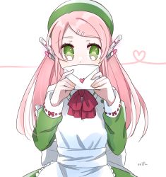 Rule 34 | 1girl, apron, bad id, bad pixiv id, bow, bowtie, green eyes, green headwear, hair ornament, hairclip, heart, highres, holding, holding letter, letter, long hair, long sleeves, looking at viewer, momone momo, pink hair, red bow, red bowtie, robot ears, signature, solfa (gikosweety), solo, upper body, utau, white apron