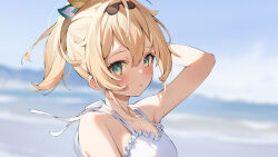 1girl arm_up bare_arms bare_shoulders beach blonde_hair blue_eyes blurry blurry_background blush breasts close-up cross-laced_clothes cross-laced_dress day dress frilled_dress frills hair_between_eyes hana_mori hololive kazama_iroha looking_at_viewer looking_to_the_side medium_breasts outdoors parted_lips ponytail short_hair sidelocks sleeveless sleeveless_dress solo standing sundress sunlight three_quarter_view upper_body virtual_youtuber white_dress