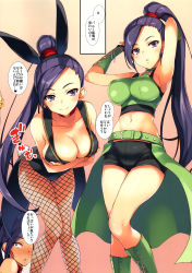Rule 34 | 1girl, animal ears, armpits, arms up, bare arms, bare shoulders, black shorts, blush, boots, breast hold, breasts, choker, cleavage, closed mouth, crop top, cross-laced footwear, dragon quest, dragon quest xi, fake animal ears, fishnet legwear, fishnets, green choker, green footwear, green skirt, highres, large breasts, leaning forward, legs, long hair, looking at viewer, martina (dq11), matching hair/eyes, midriff, navel, o-ring, o-ring top, parted lips, ponytail, purple eyes, purple hair, rabbit ears, shiny clothes, short shorts, shorts, simple background, skirt, sleeveless, smile, sound effects, speech bubble, standing, thighs, tomose shunsaku, translated