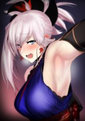 Rule 34 | 1girl, arm up, armpit focus, armpits, asymmetrical hair, bad id, bad twitter id, bare shoulders, blush, breasts, breath, detached sleeves, earrings, fate/grand order, fate (series), floral print, grey eyes, hair ornament, japanese clothes, jewelry, kimono, large breasts, light purple hair, long hair, looking at viewer, miyamoto musashi (fate), miyamoto musashi (first ascension) (fate), open mouth, sash, sideboob, solo, sweat, ulrich (tagaragakuin)