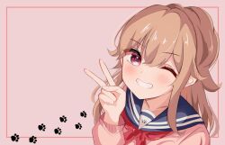 Rule 34 | 1girl, blue sailor collar, blush, brown hair, cardigan, collarbone, commentary request, grin, hair between eyes, hand up, hayasaka mei, idoly pride, long hair, neckerchief, one eye closed, open mouth, paw print, pink background, pink cardigan, portrait, red eyes, red neckerchief, sailor collar, shidonattsu, sidelocks, simple background, smile, solo, teeth, v
