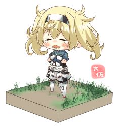 Rule 34 | 1girl, = =, artist name, belt, belt buckle, blonde hair, blue shirt, blush, breast pocket, buckle, buttons, commentary request, crying, closed eyes, full body, gambier bay (kancolle), gloves, hair between eyes, kantai collection, long hair, multicolored clothes, multicolored gloves, open mouth, pocket, shirt, short sleeves, simple background, solo, taisa (kari), tears, thighhighs, twintails, white background