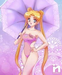 Rule 34 | 1girl, alternate costume, bare arms, bare legs, bare shoulders, bishoujo senshi sailor moon, blonde hair, blue eyes, breasts, cleavage, collarbone, crossed legs, double bun, hair bun, hand on own hip, happy, highres, large breasts, legs, leotard, long hair, looking at viewer, neck, open mouth, pink leotard, race queen, saotome nanda, smile, solo, strapless, strapless leotard, thighs, tsukino usagi, twintails, umbrella, very long hair, watermark